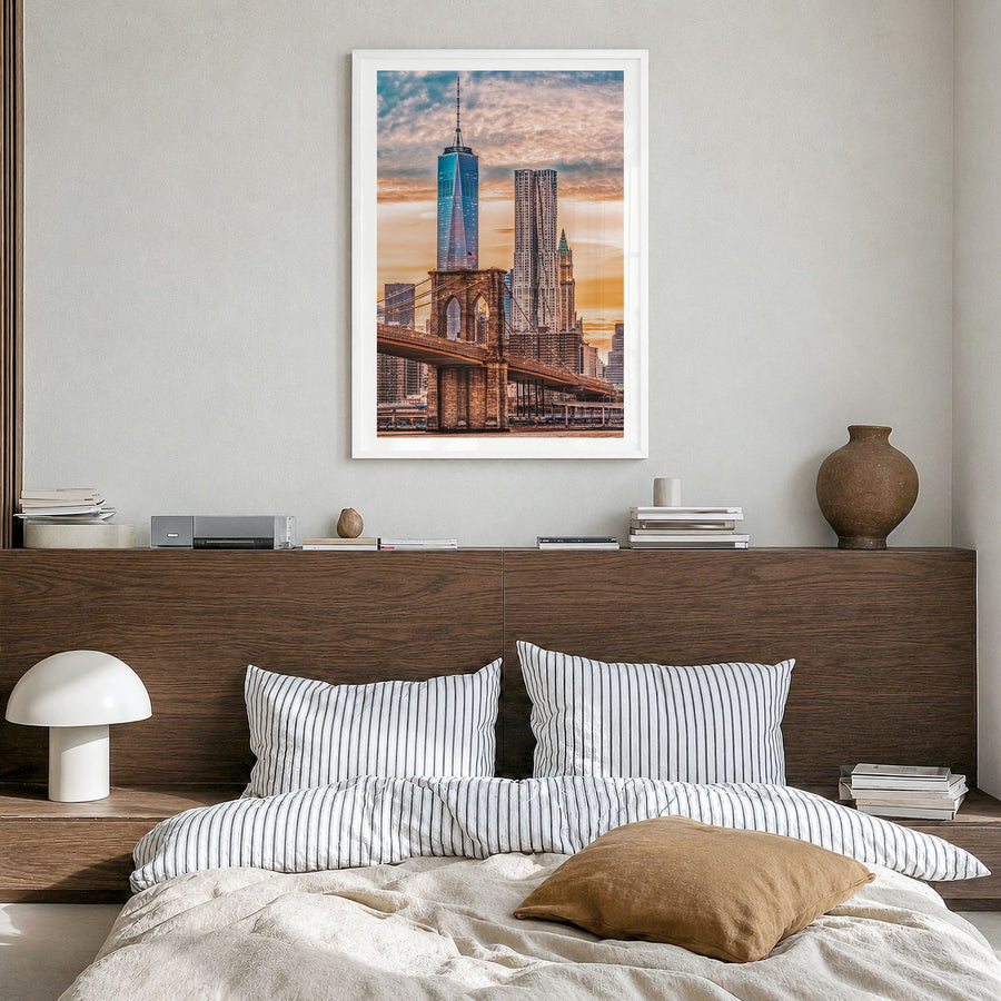 New York City Photo No 7 Poster in a white wood frame, hanging in a bedroom, white border