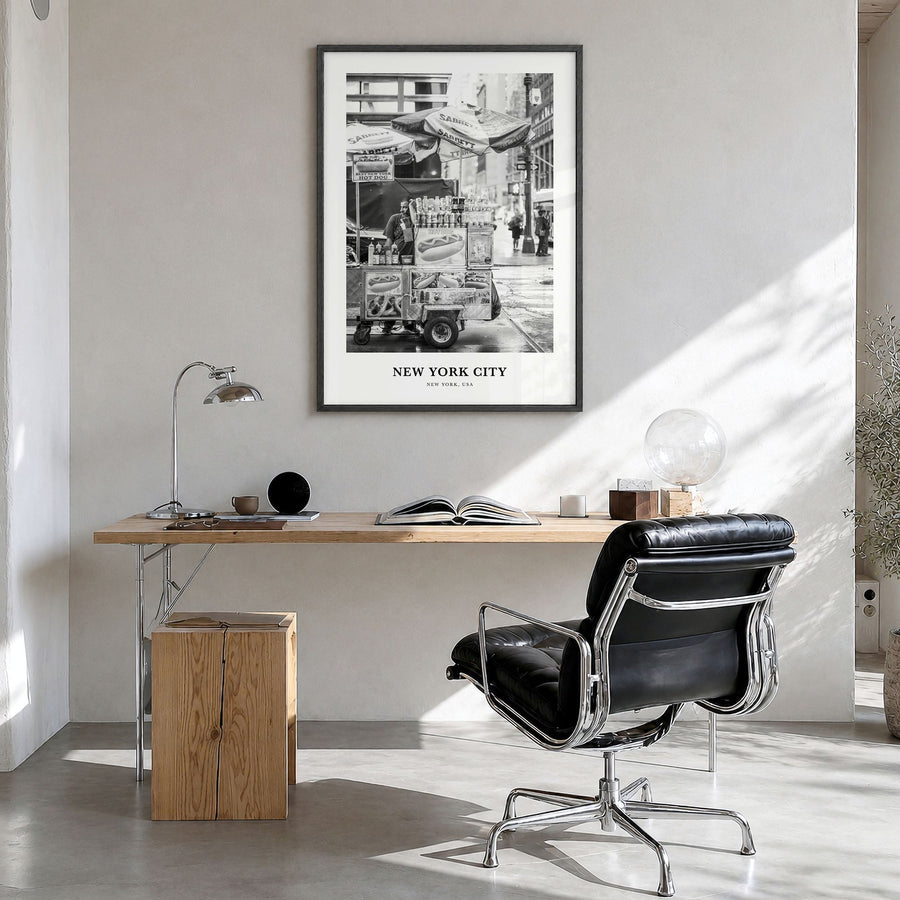 New York City Classic No 7 Poster in a black wood frame, hanging in a bright home office