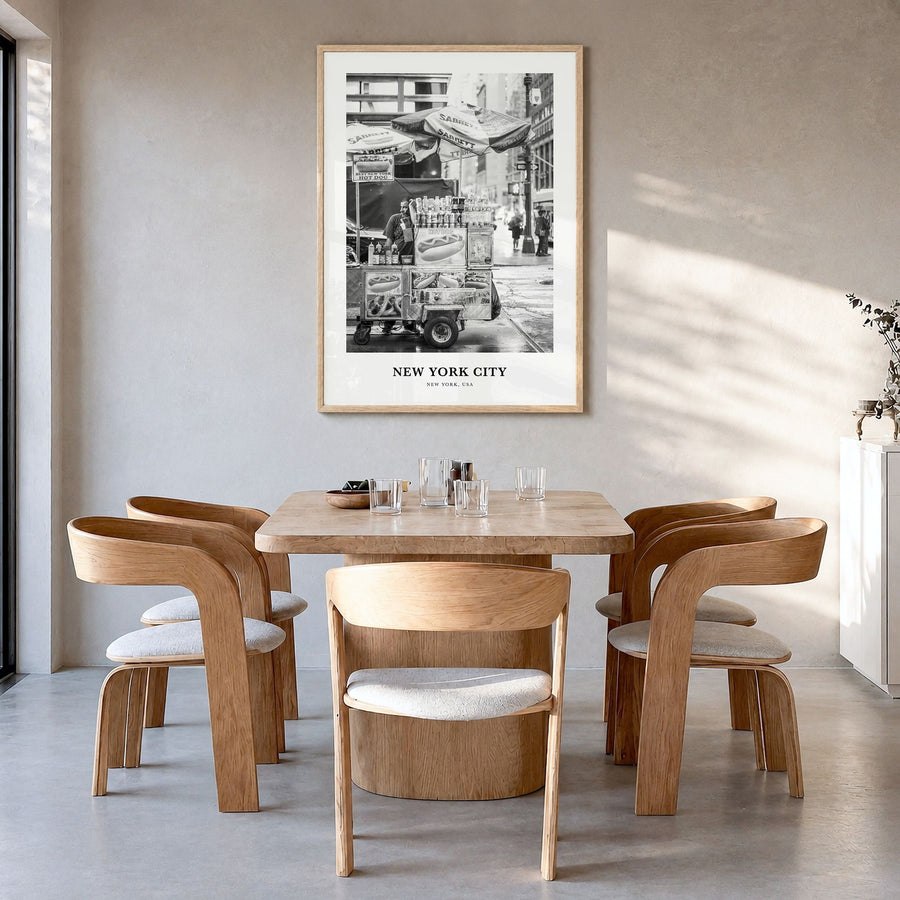New York City Classic No 7 Poster in a natural wood frame, hanging in a dining room