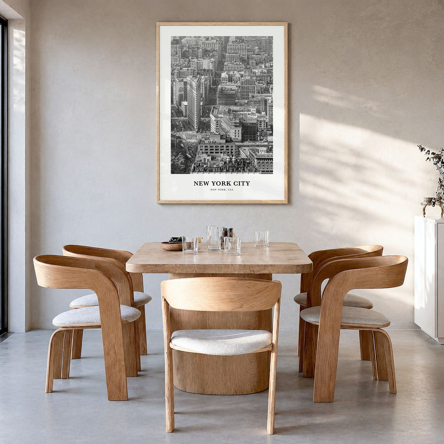 New York City Classic No 3 Poster in a natural wood frame, hanging in a dining room