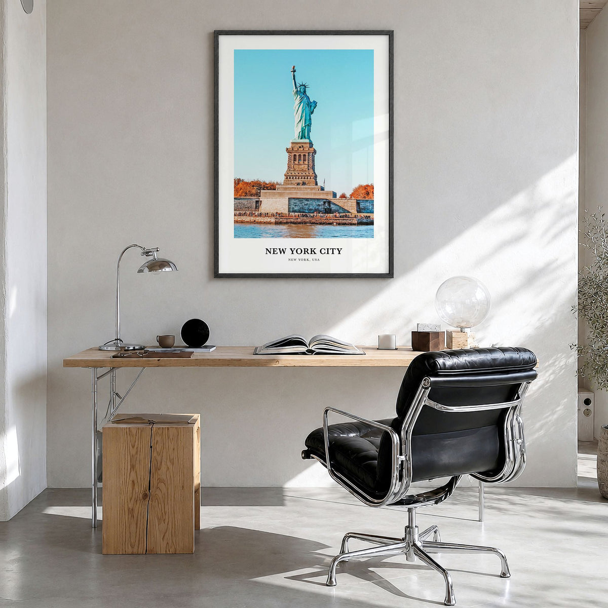 New York City Classic No 2 Poster in a black wood frame, hanging in a bright home office
