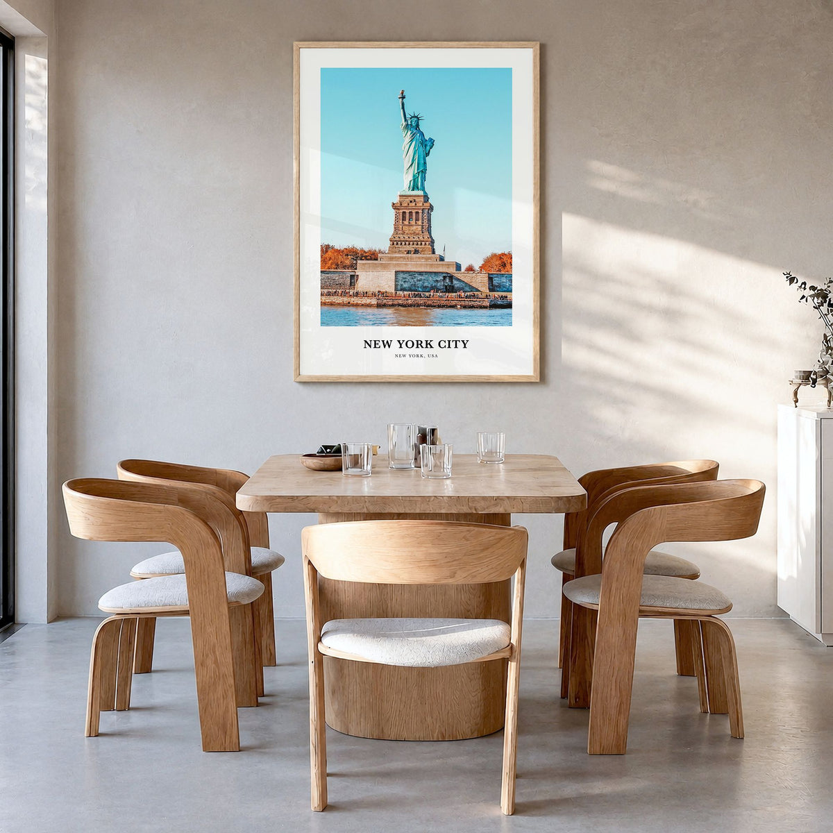 New York City Classic No 2 Poster in a natural wood frame, hanging in a dining room