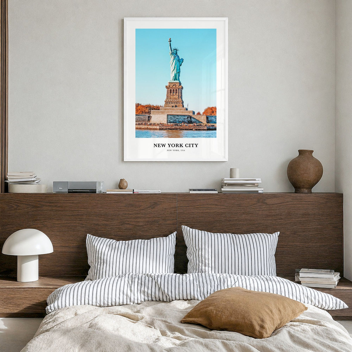 New York City Classic No 2 Poster in a white wood frame, hanging in a bedroom