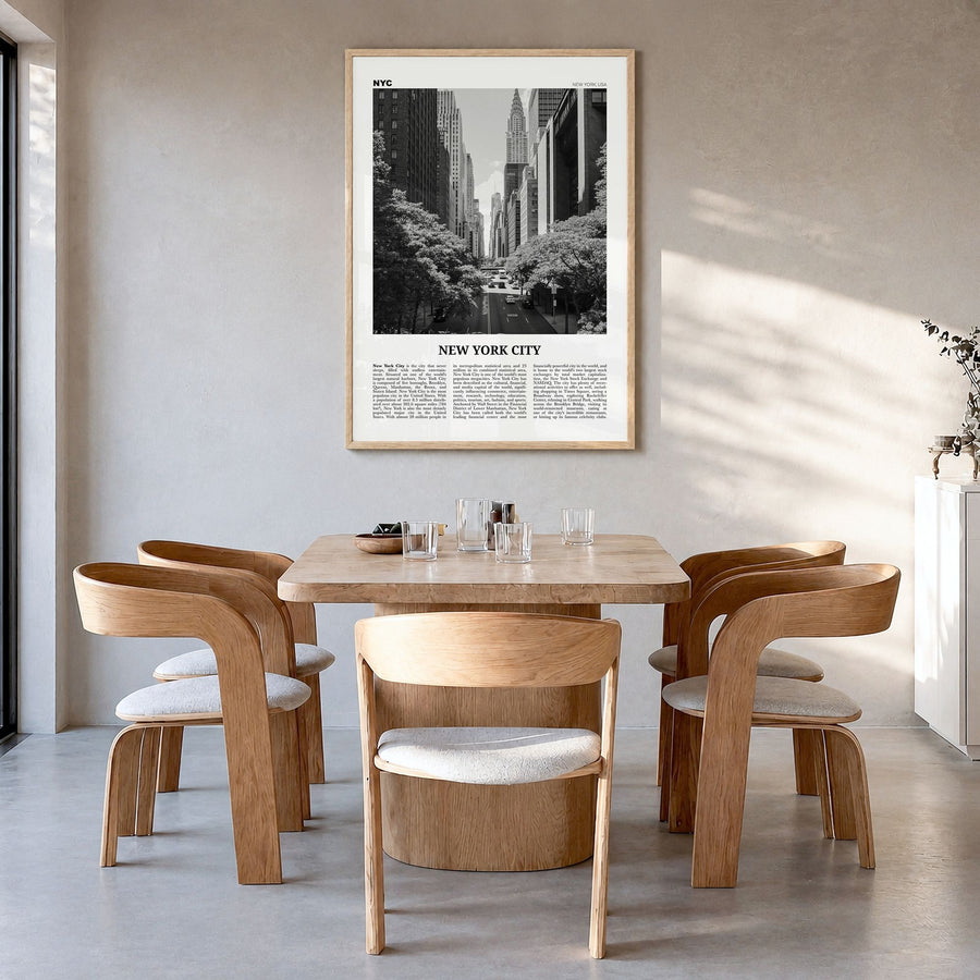 New York City Newspaper No 4 Poster in a natural wood frame, hanging in a dining room