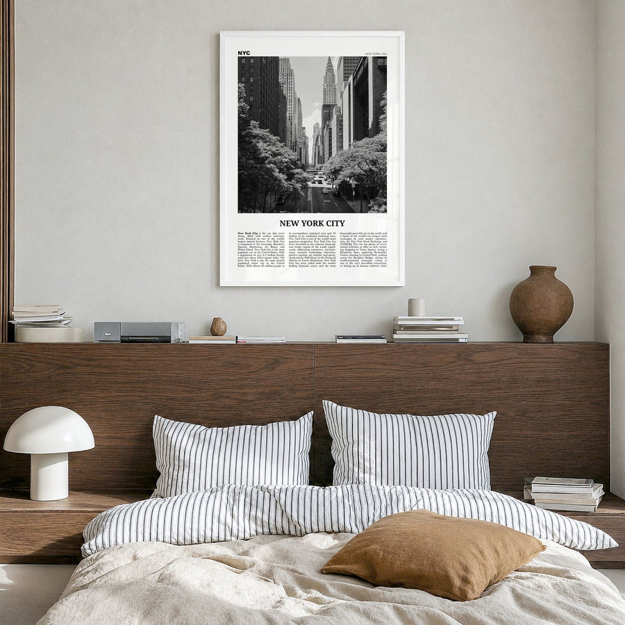 New York City Newspaper No 4 Poster in a white wood frame, hanging in a bedroom