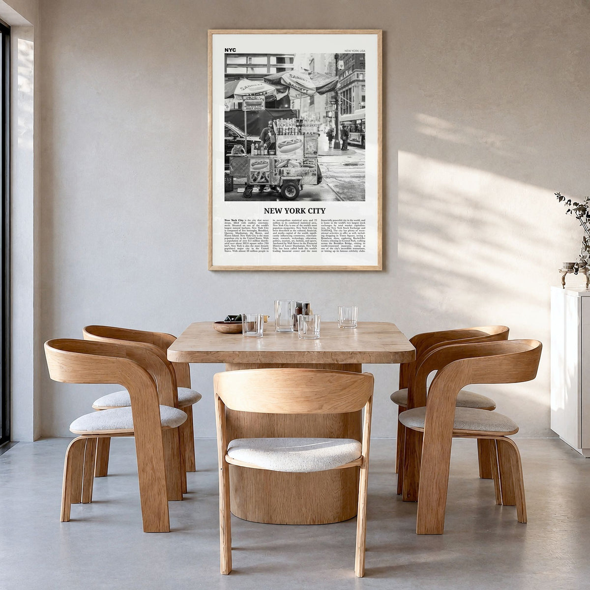 New York City Newspaper No 5 Poster in a natural wood frame, hanging in a dining room