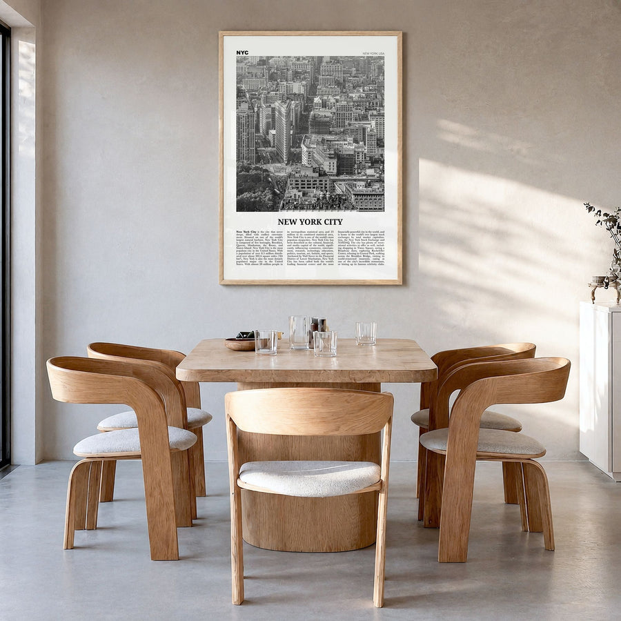New York City Newspaper No 6 Poster in a natural wood frame, hanging in a dining room