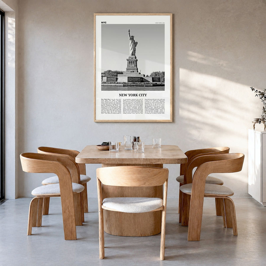 New York City Newspaper No 8 Poster in a natural wood frame, hanging in a dining room