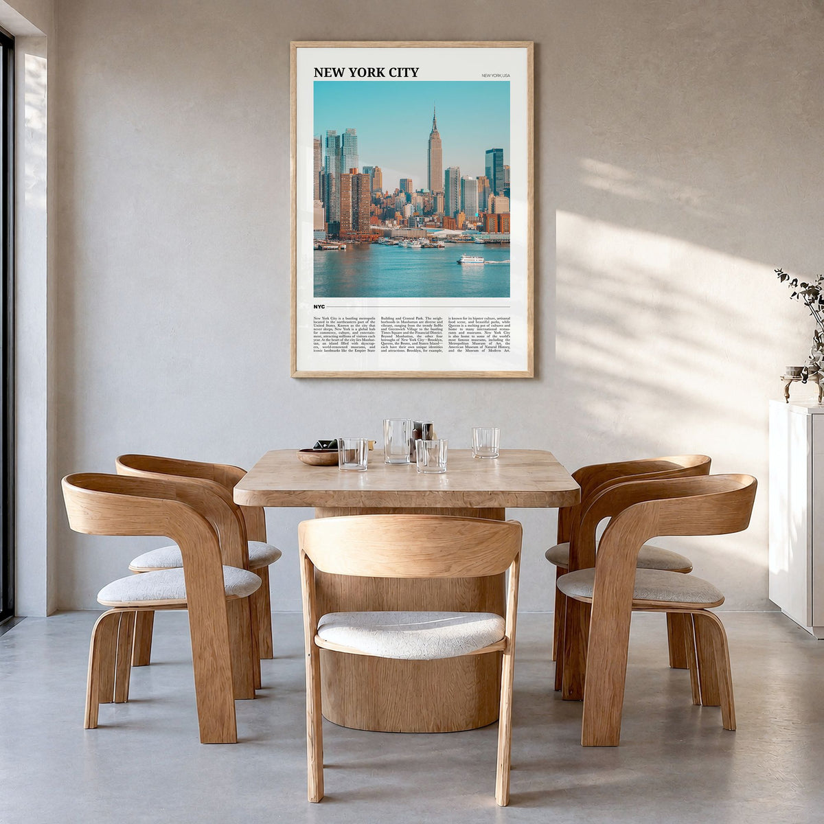 New York City Travel No 1 Poster in a natural wood frame, hanging in a dining room