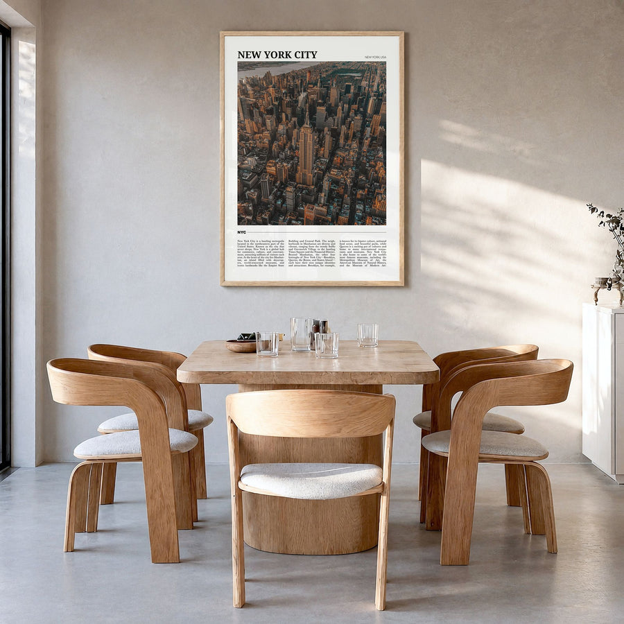 New York City Travel No 3 Poster in a natural wood frame, hanging in a dining room