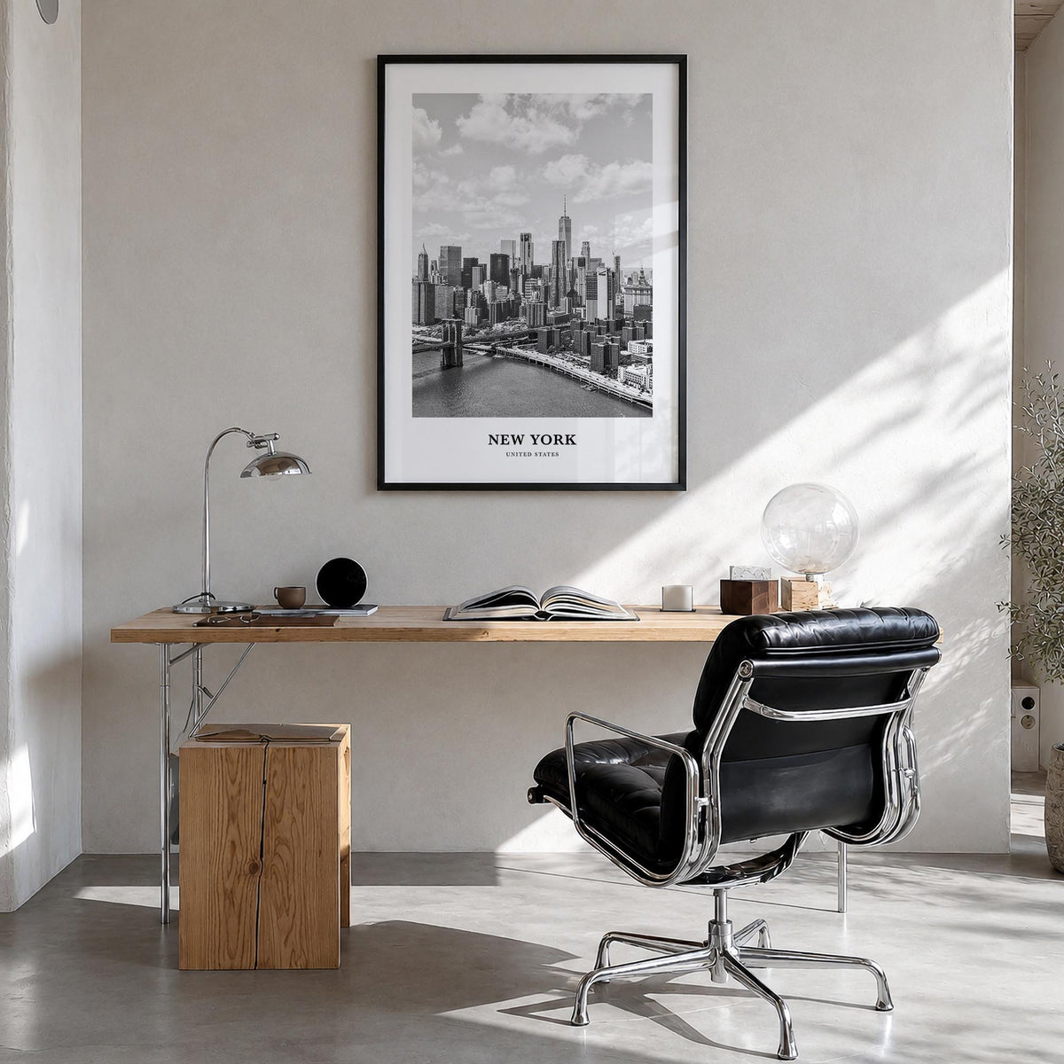 New York (State) black & white classic poster of New York, USA – vertical wall art in black wood frame, hanging on wall
