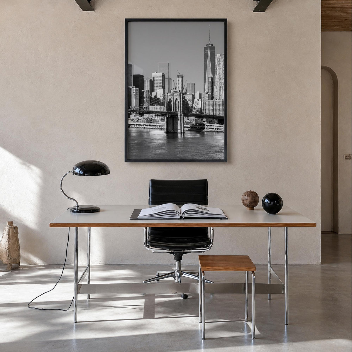 New York (State) black & white photo poster of New York, USA – vertical wall art in black wood frame, hanging on wall