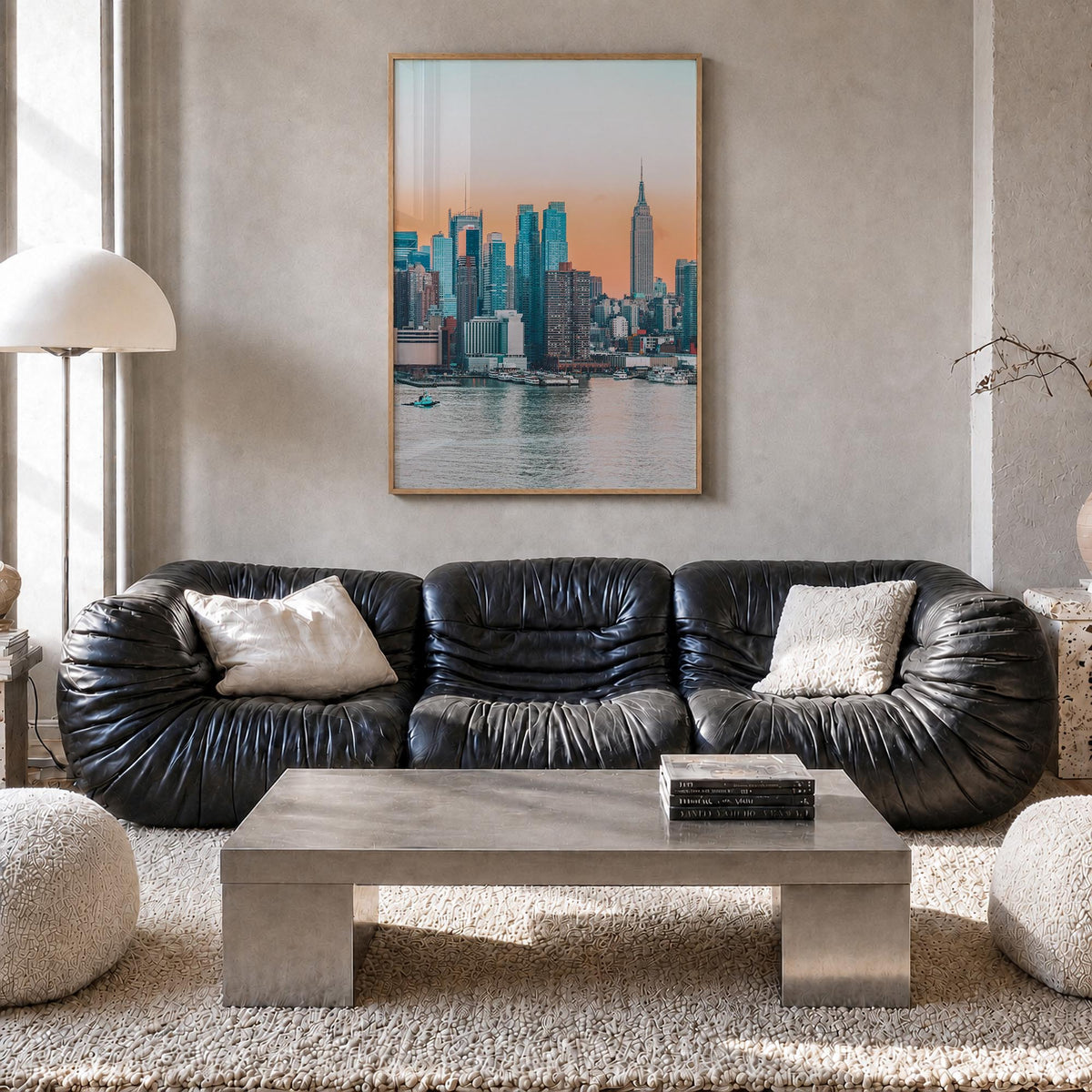 New York (State) colorful photo poster of New York, USA – vertical wall art in natural wood frame, hanging on wall