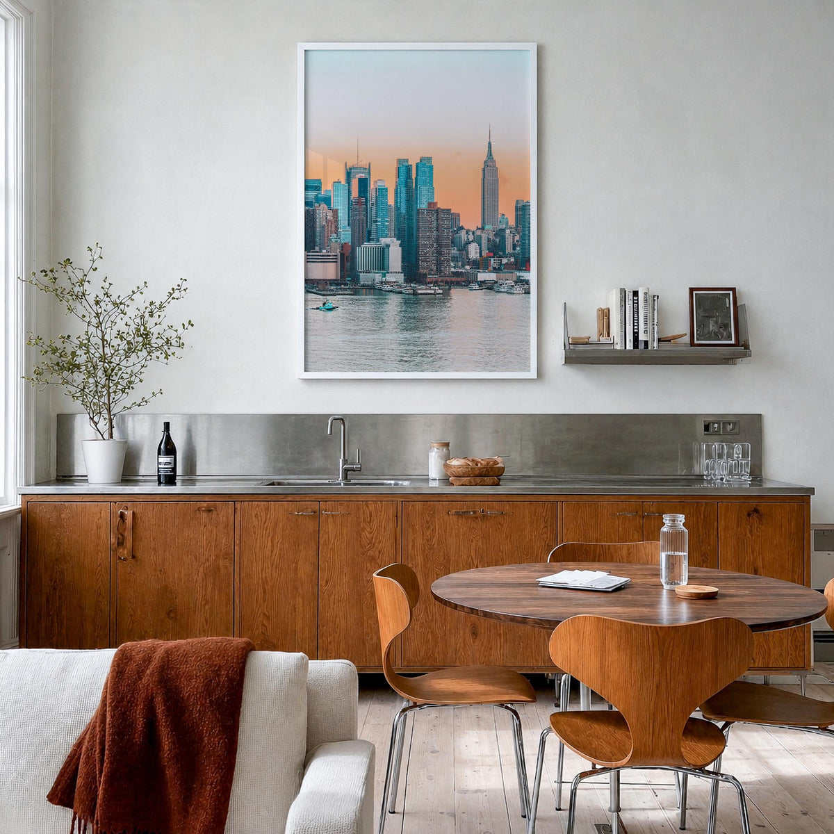 New York (State) colorful photo poster of New York, USA – vertical wall art in white wood frame, hanging on wall