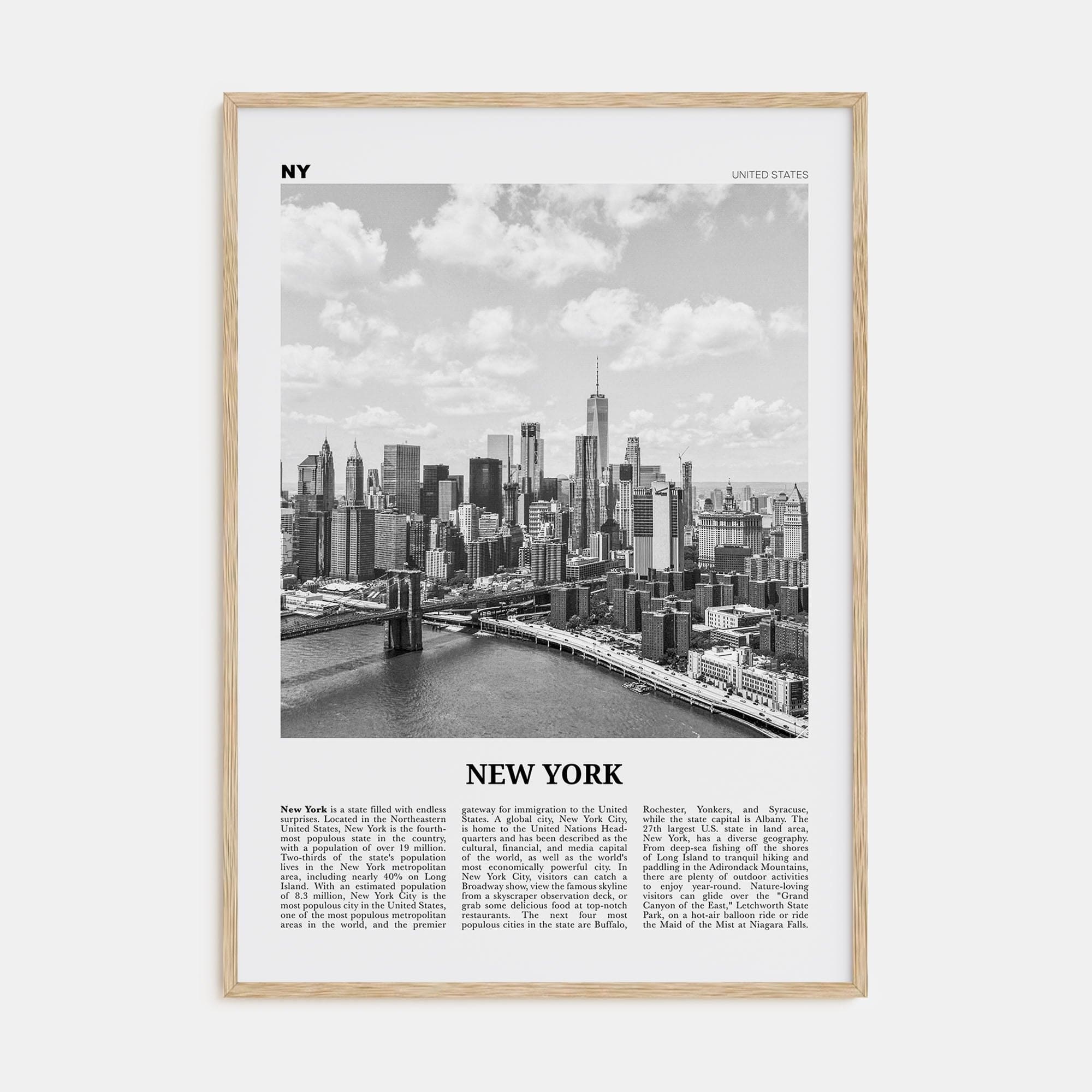 New York (State) No 1 Poster Natural Wood / 8x12 in Nbourhood Travel B&W Poster