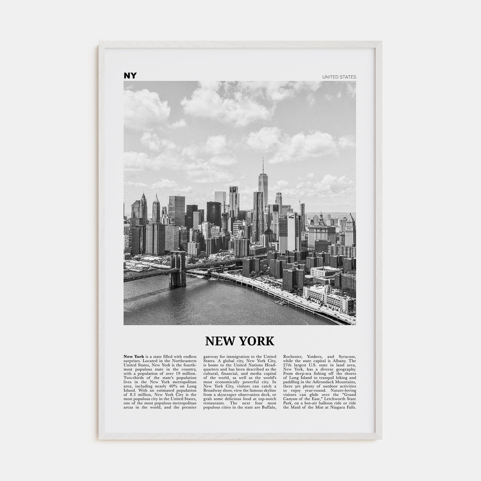 New York (State) No 1 Poster White Wood / 8x12 in Nbourhood Travel B&W Poster