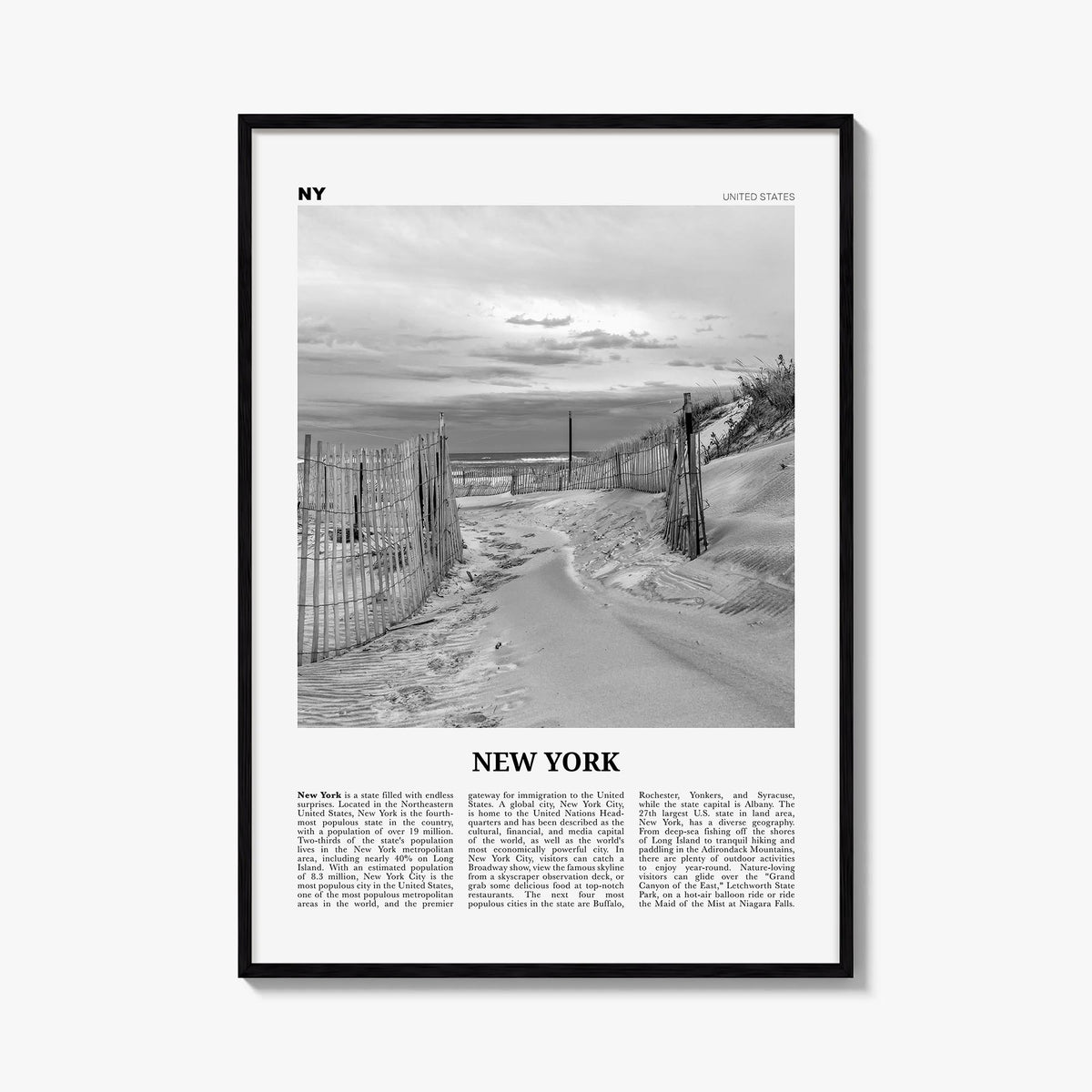 New York (State) no. 3 black & white newspaper poster of New York, USA – vertical wall art, unframed print shown in interior 