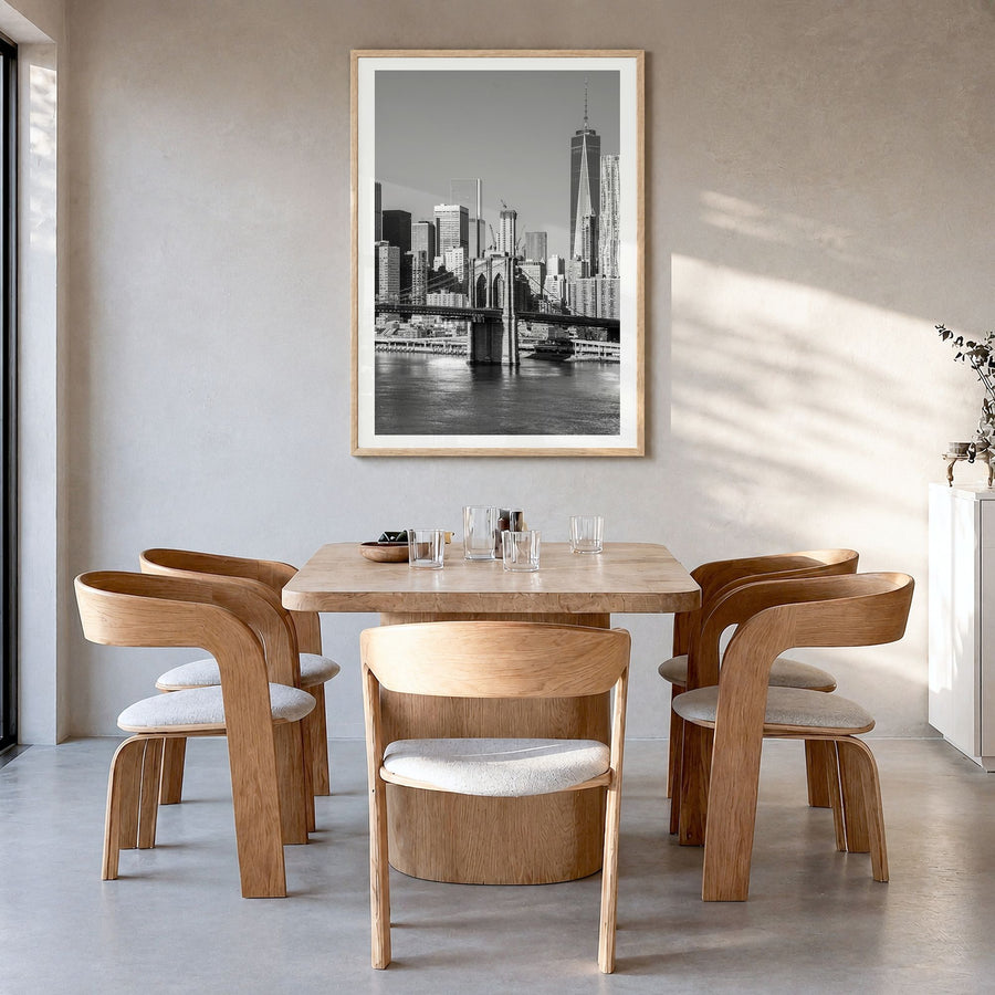 New York (State) Photo Poster in a natural wood frame, hanging in a dining room, white border