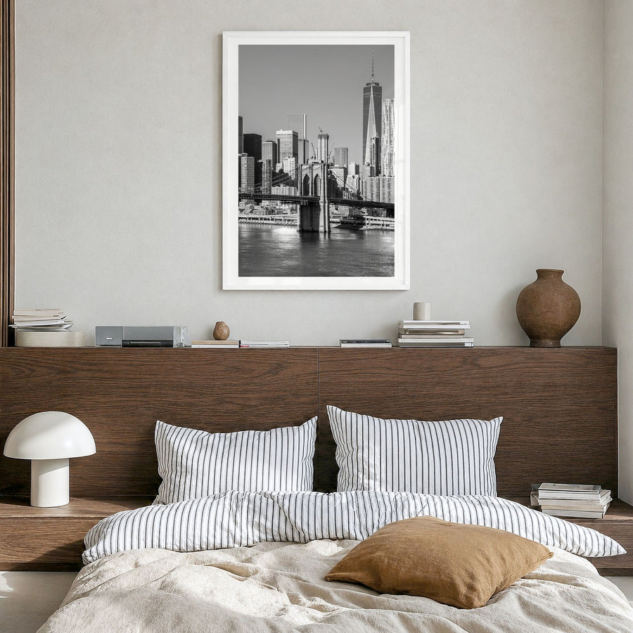 New York (State) Photo Poster in a white wood frame, hanging in a bedroom, white border