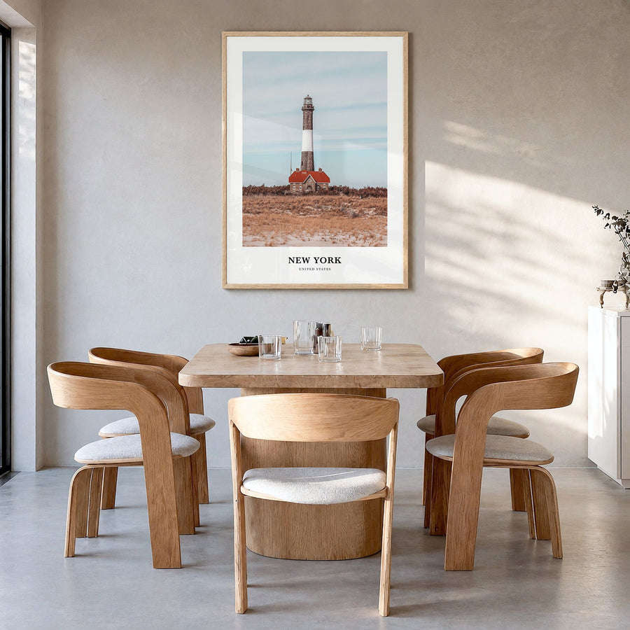 New York (State) Classic Poster in a natural wood frame, hanging in a dining room
