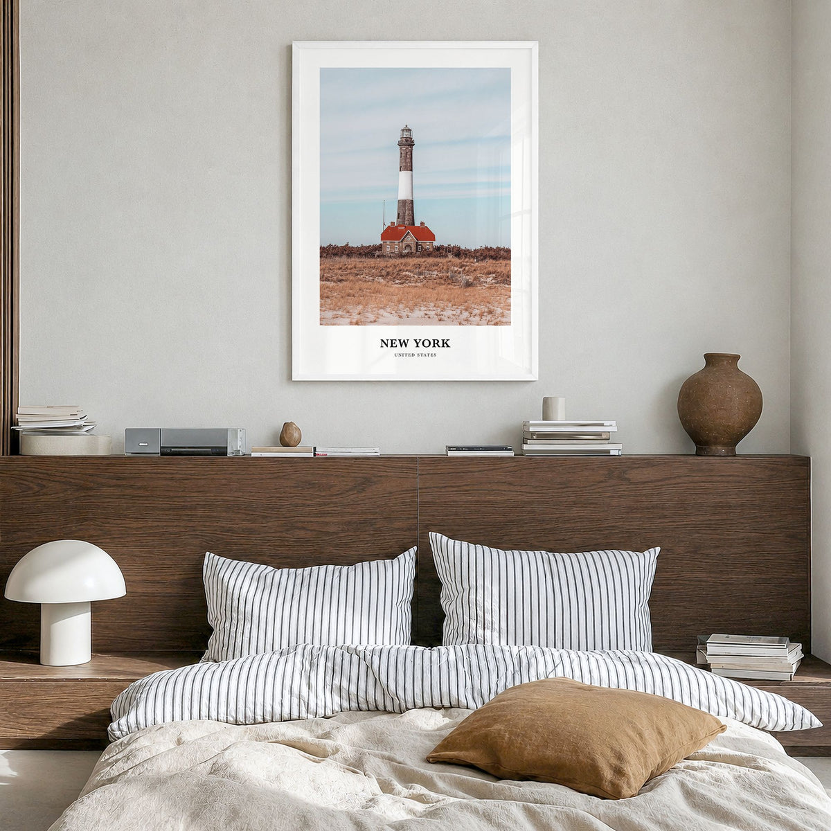New York (State) Classic Poster in a white wood frame, hanging in a bedroom