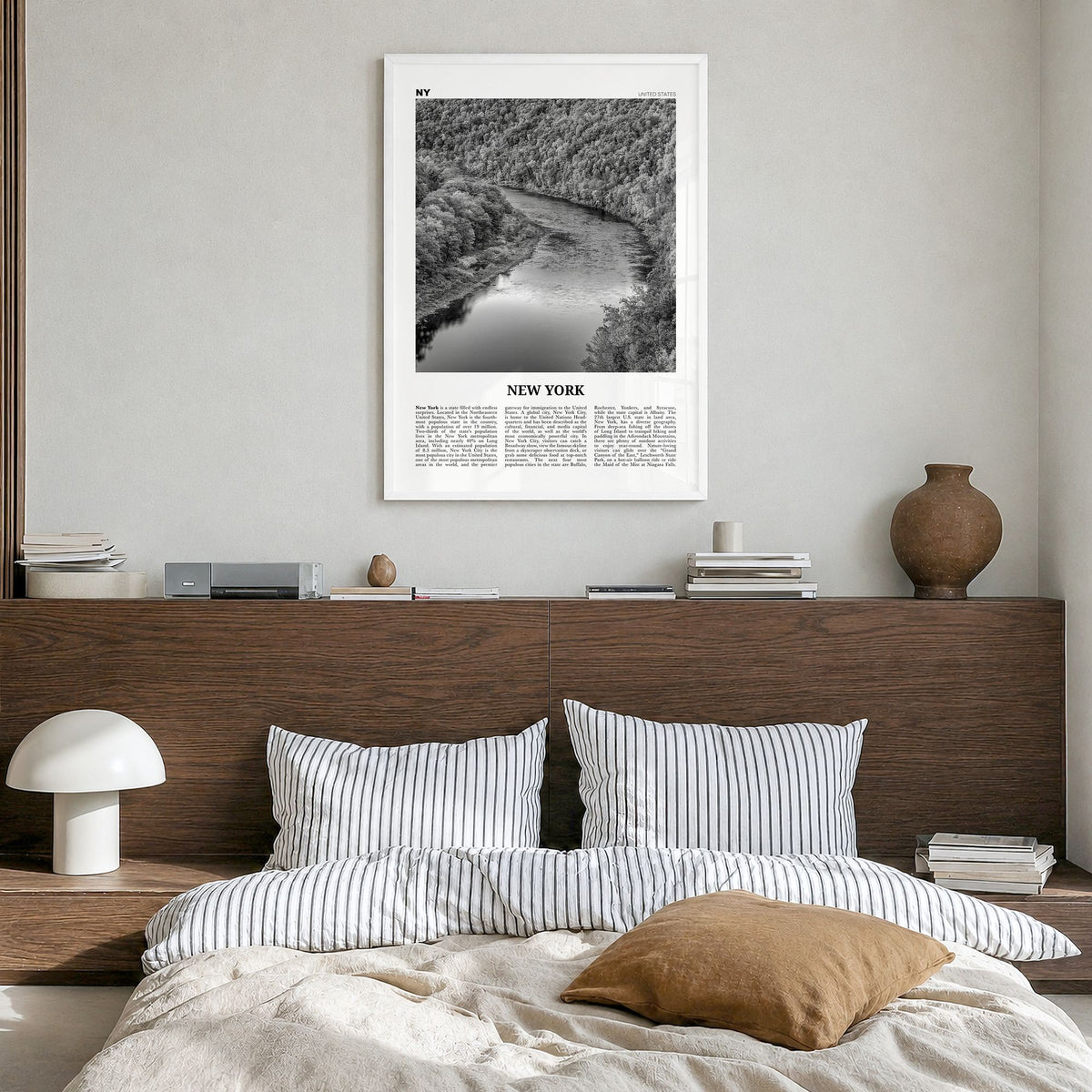 New York (State) Newspaper No 2 Poster in a white wood frame, hanging in a bedroom