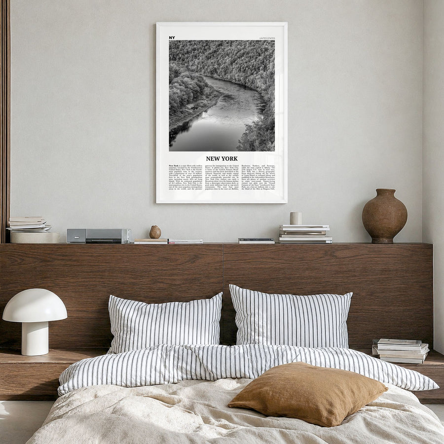 New York (State) Newspaper No 2 Poster in a white wood frame, hanging in a bedroom