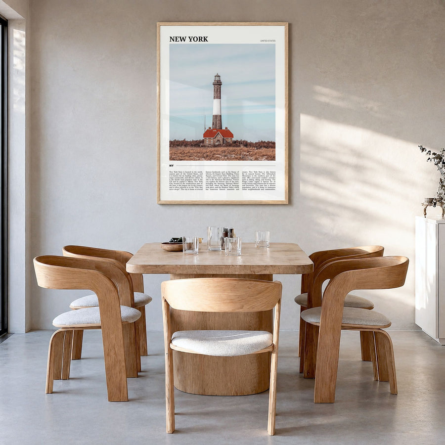 New York (State) Travel Poster in a natural wood frame, hanging in a dining room
