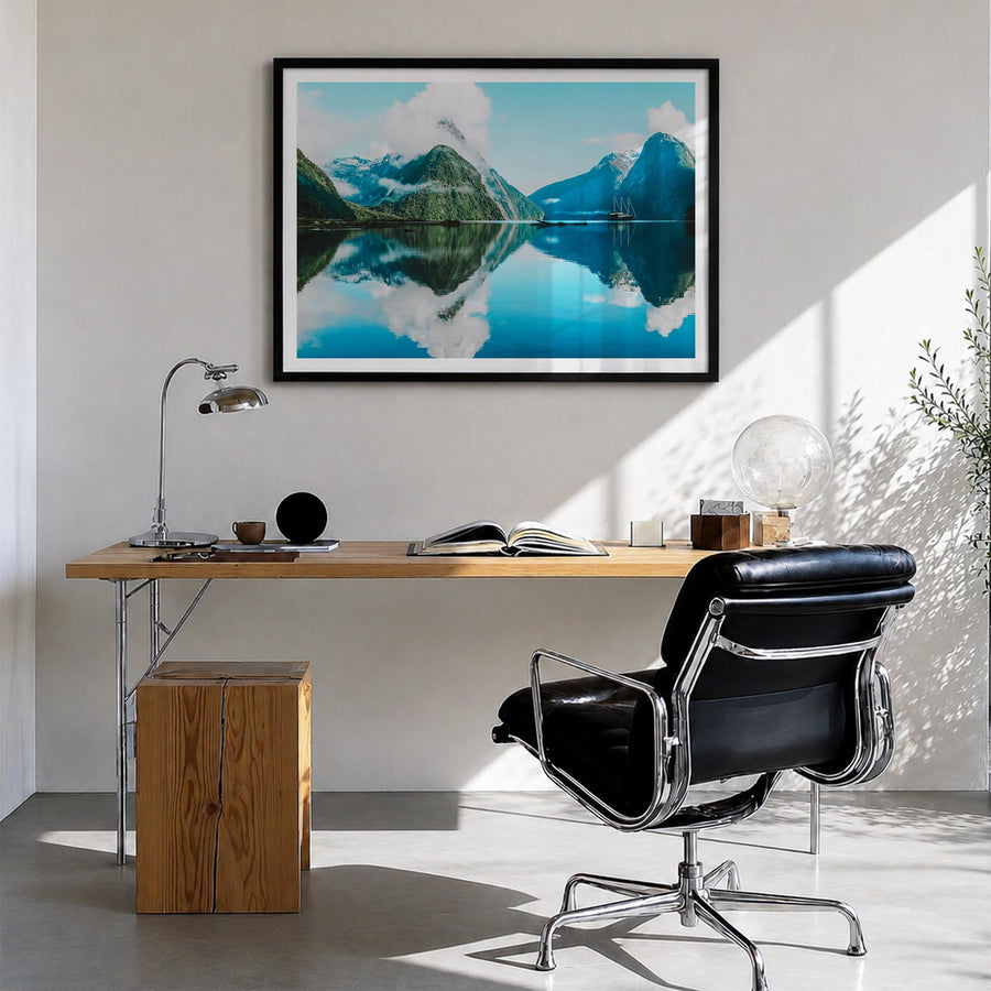 New Zealand colorful photo poster of Oceania – horizontal wall art in black wood frame with white border, hanging on wall