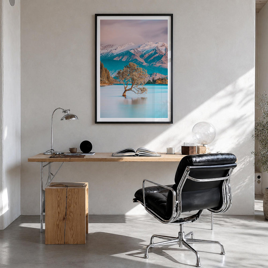 New Zealand colorful photo poster of Oceania – vertical wall art in black wood frame with white border, hanging on wall