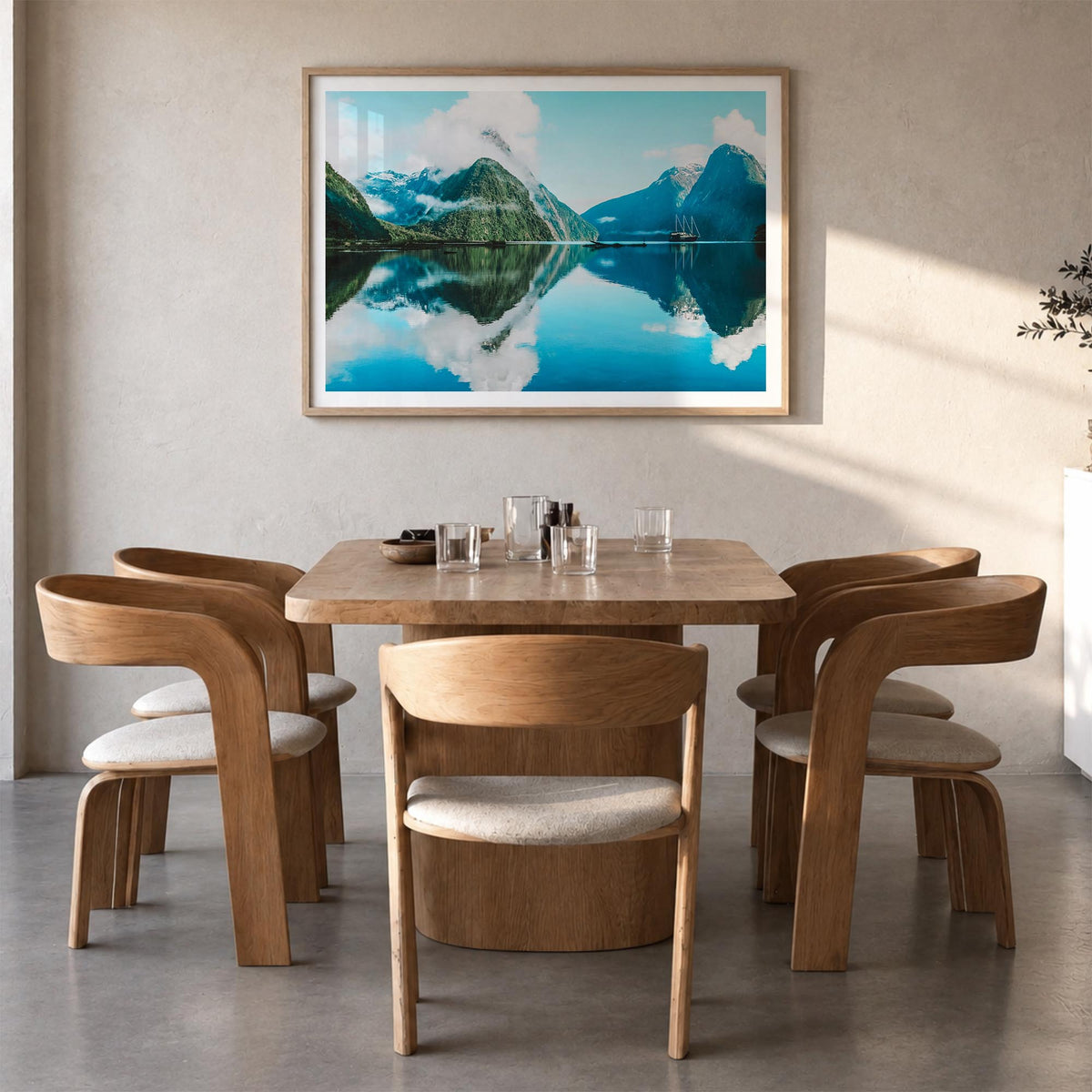 New Zealand colorful photo poster of Oceania – horizontal wall art in natural wood frame with white border, hanging on wall