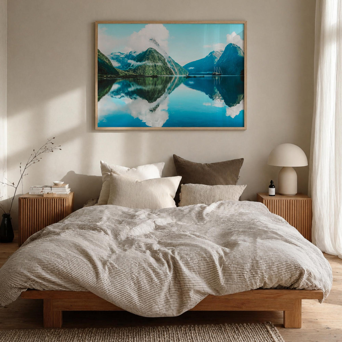 New Zealand colorful photo poster of Oceania – horizontal wall art in natural wood frame, hanging on wall