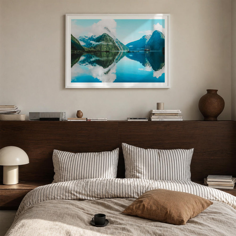 New Zealand colorful photo poster of Oceania – horizontal wall art in white wood frame with white border, hanging on wall