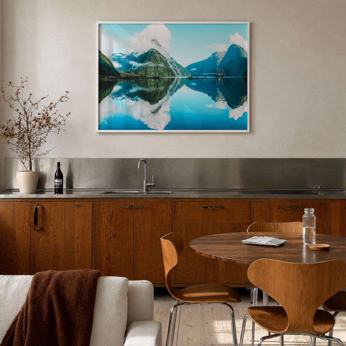 New Zealand colorful photo poster of Oceania – horizontal wall art in white wood frame, hanging on wall