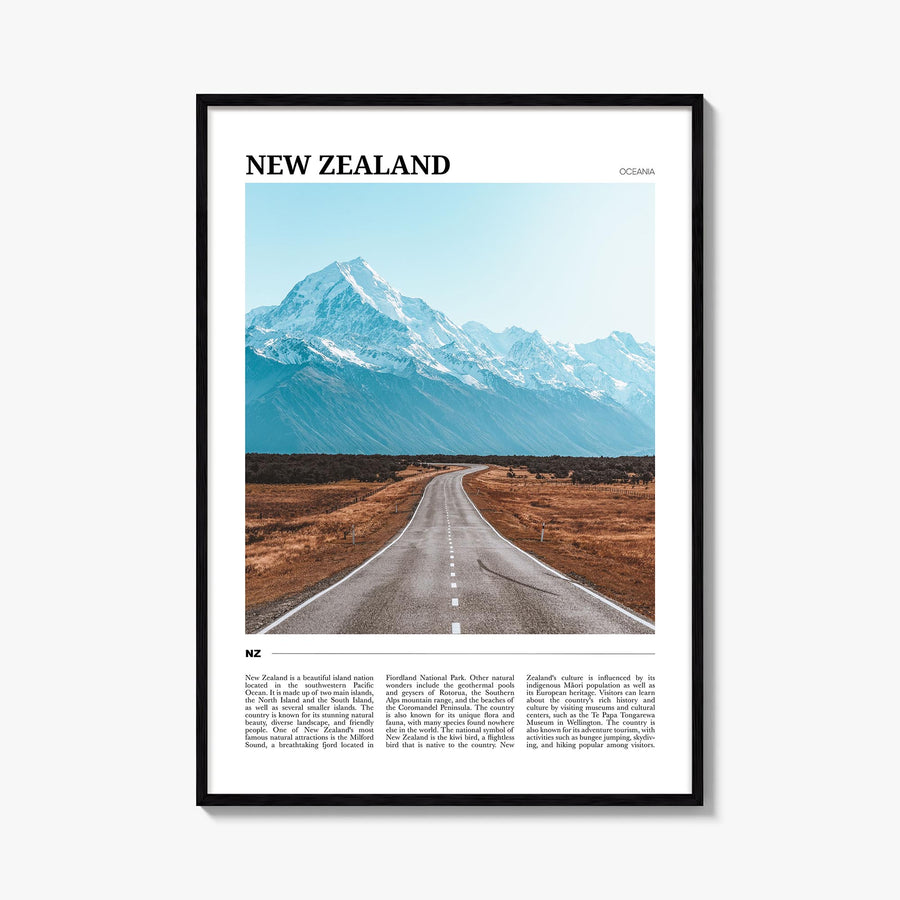 New Zealand colorful travel poster of Oceania – vertical wall art, unframed print shown in interior mockup