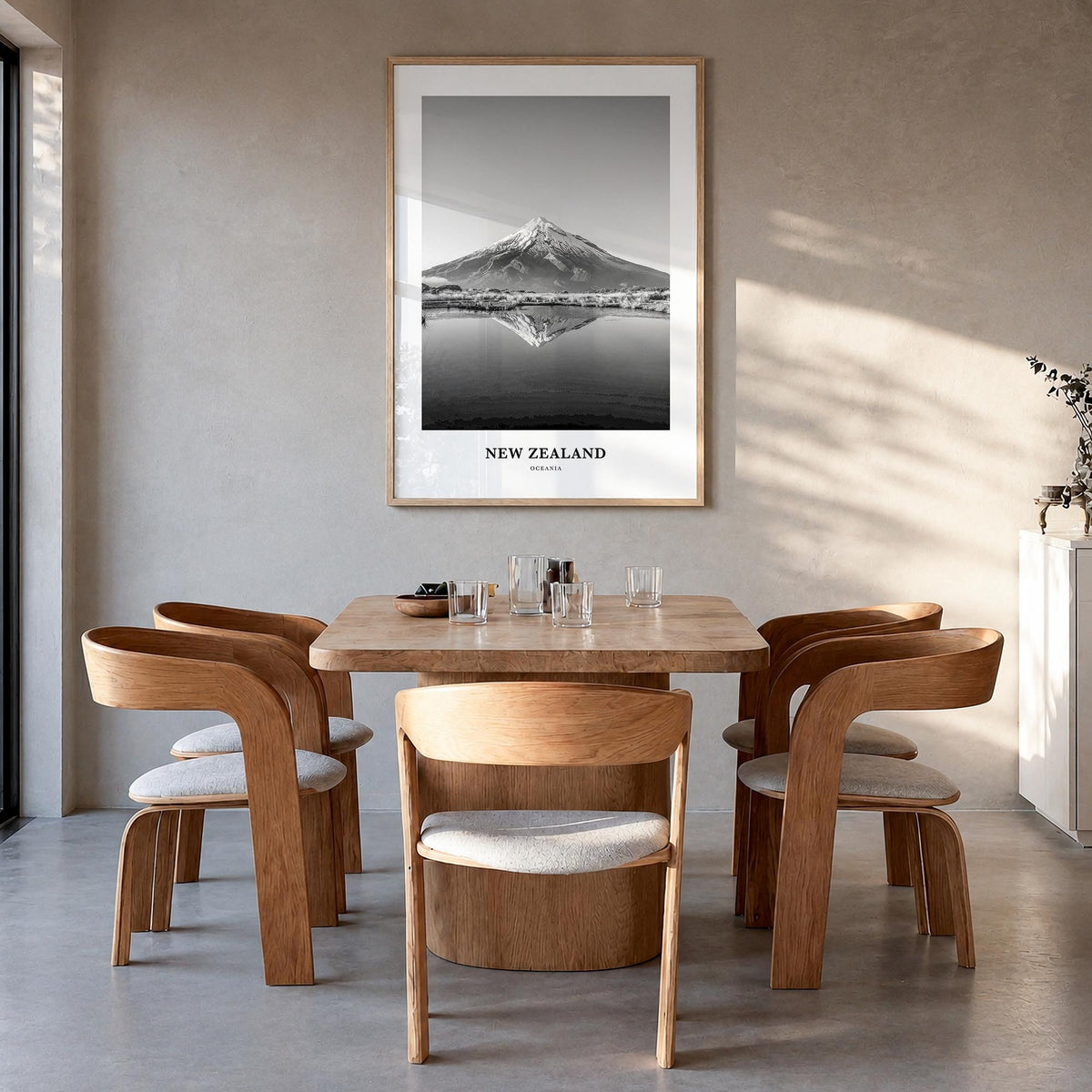 New Zealand no. 1 black & white classic poster of Oceania – vertical wall art in natural wood frame, hanging on wall