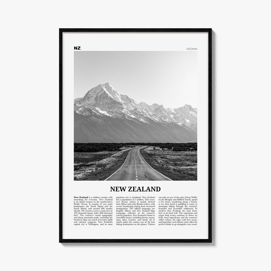 New Zealand no. 1 black & white newspaper poster of Oceania – vertical wall art, unframed print shown in interior mockup