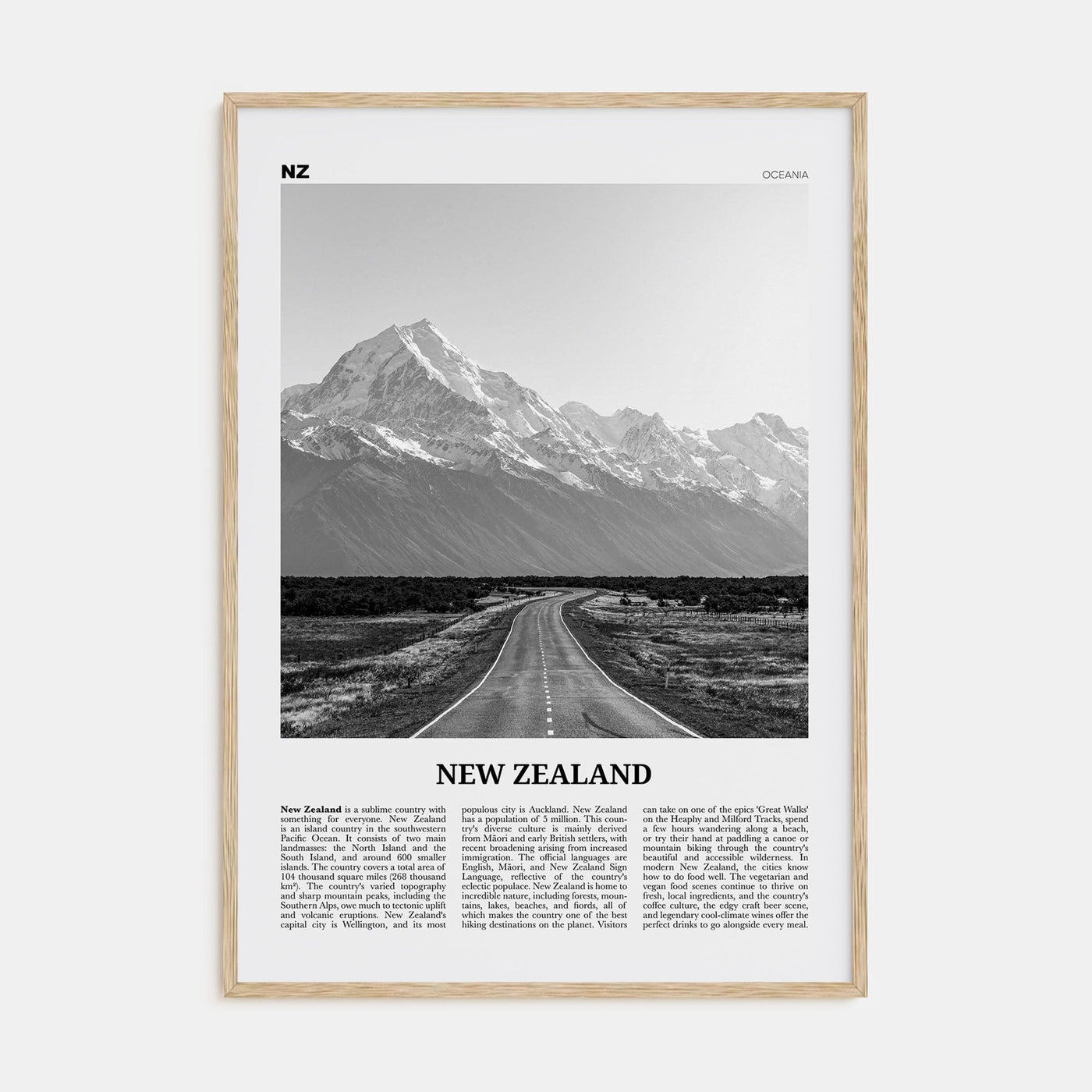 New Zealand No 1 Poster Natural Wood / 8x12 in Nbourhood Travel B&W Poster