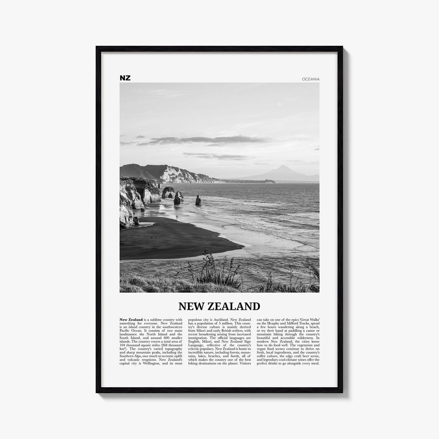 New Zealand no. 2 black & white newspaper poster of Oceania – vertical wall art, unframed print shown in interior mockup