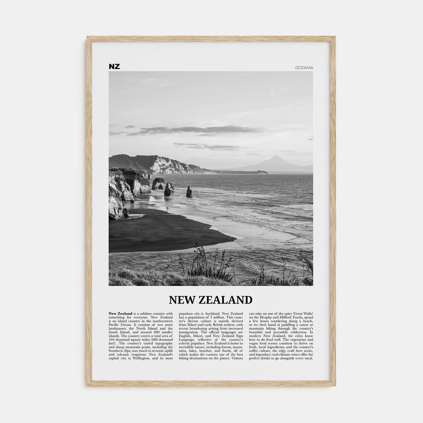 New Zealand No 2 Poster Natural Wood / 8x12 in Nbourhood Travel B&W Poster