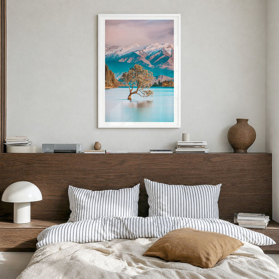 New Zealand Photo Poster in a white wood frame, hanging in a bedroom, white border