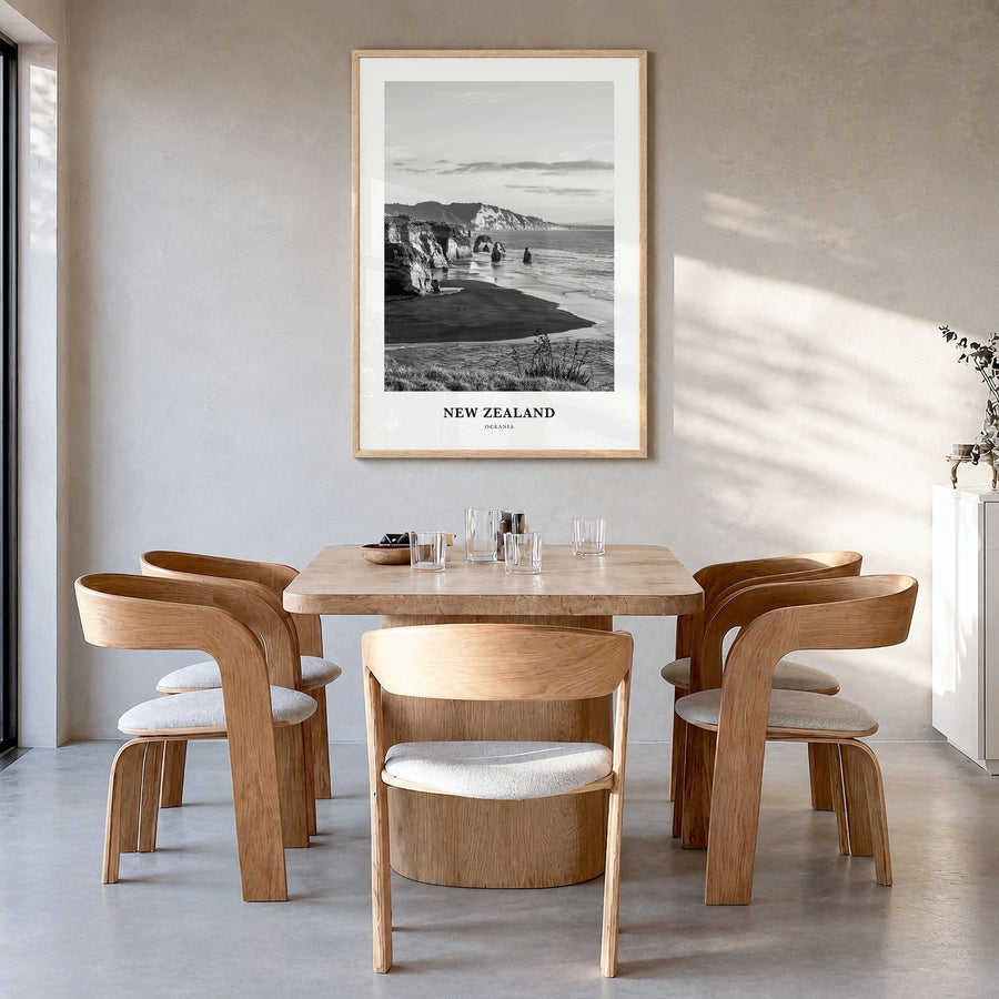 New Zealand Classic No 2 Poster in a natural wood frame, hanging in a dining room