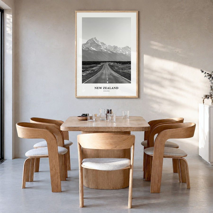 New Zealand Classic No 3 Poster in a natural wood frame, hanging in a dining room