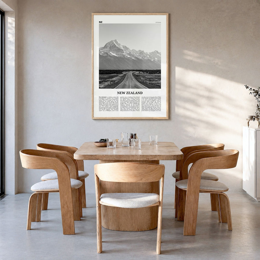 New Zealand Newspaper No 1 Poster in a natural wood frame, hanging in a dining room