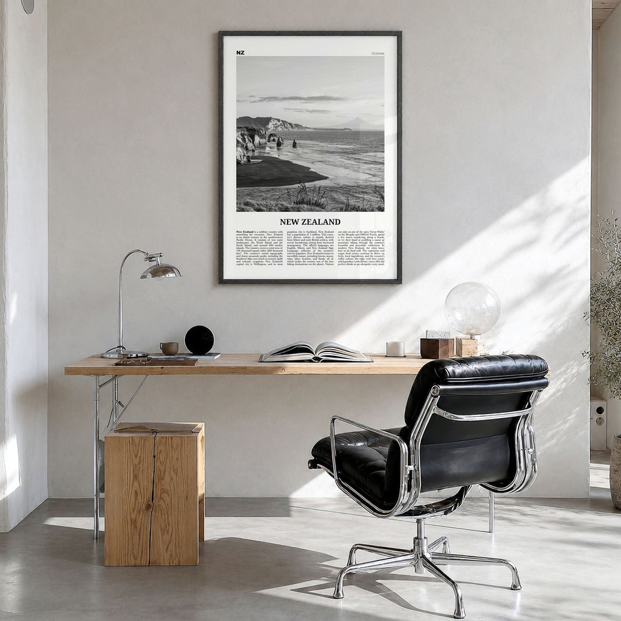 New Zealand Newspaper No 2 Poster in a black wood frame, hanging in a bright home office