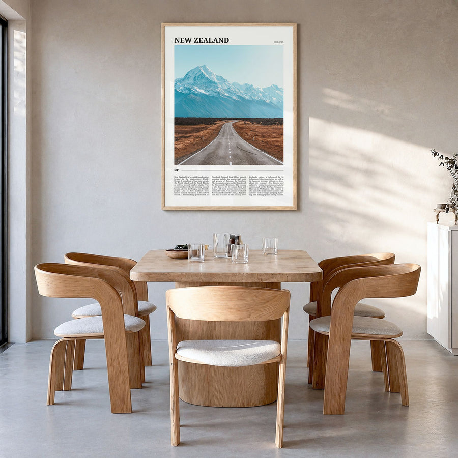 New Zealand Travel Poster in a natural wood frame, hanging in a dining room