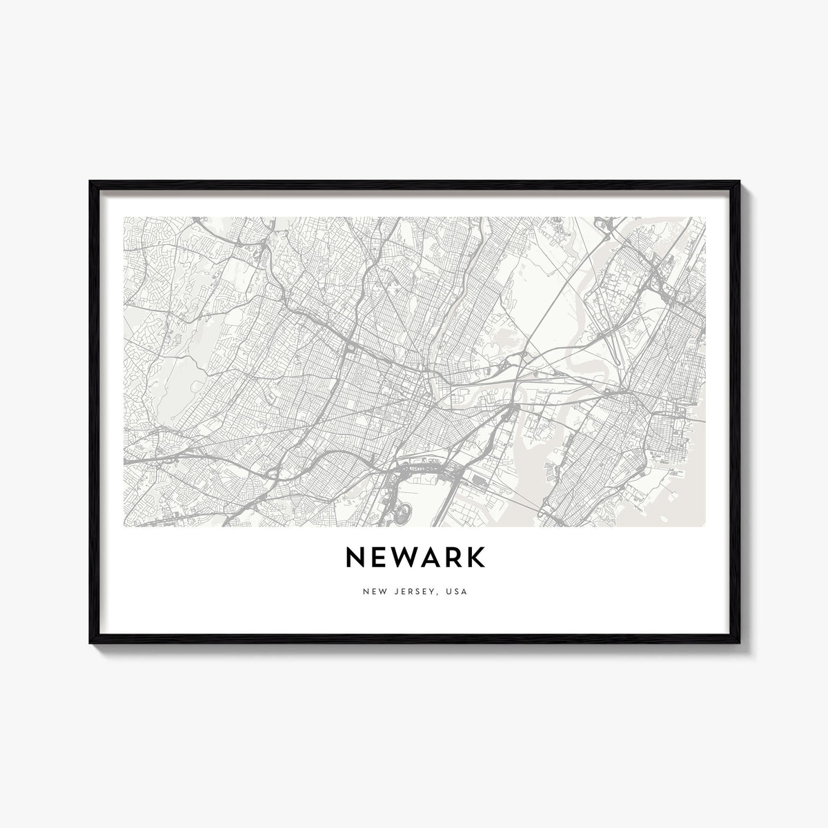 Newark black & white map poster of New Jersey, USA – horizontal wall art, unframed print shown in interior mockup