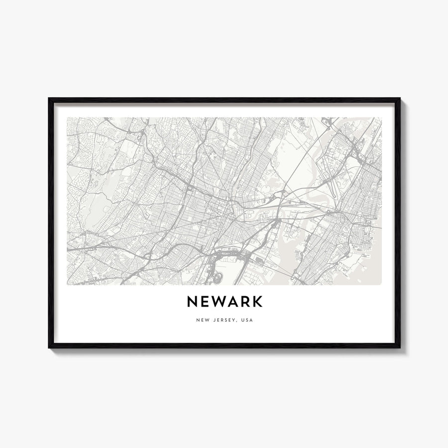 Newark black & white map poster of New Jersey, USA – horizontal wall art, unframed print shown in interior mockup