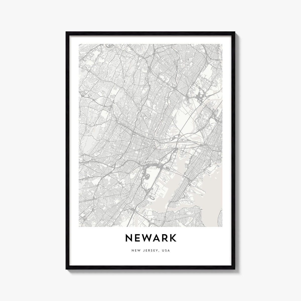 Newark black & white map poster of New Jersey, USA – vertical wall art, unframed print shown in interior mockup