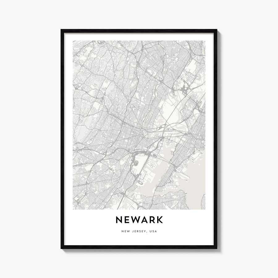 Newark black & white map poster of New Jersey, USA – vertical wall art, unframed print shown in interior mockup